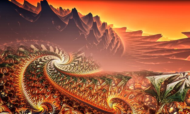 A unique spiral fractal in the form of a fantastic landscape. 3d illustration