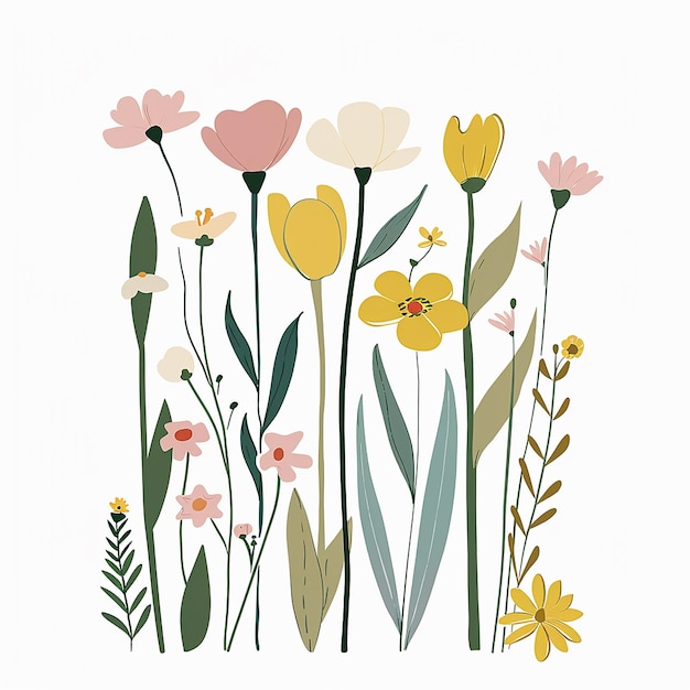 a vector clipart of spring flowers in pastel colors with simple shapes on a white background