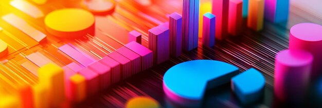 A vibrant 3D abstract render of data visualizations featuring colorful geometric shapes like b
