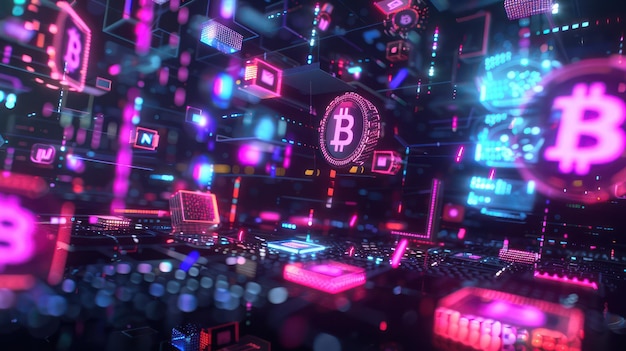 a vibrant 3d render of cryptocurrency icons and digital wallets floating in a digital space with neo