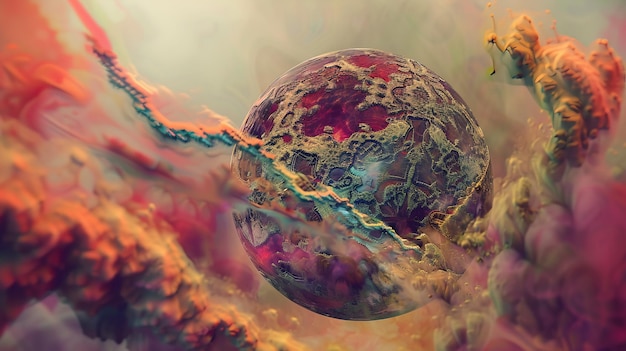 A vibrant artwork of a surreal colorful planet amidst mystical clouds