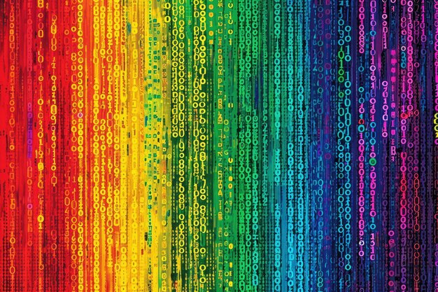 A vibrant computer screen displays an array of colorful graphics and text Rainbow colored binary code art AI Generated