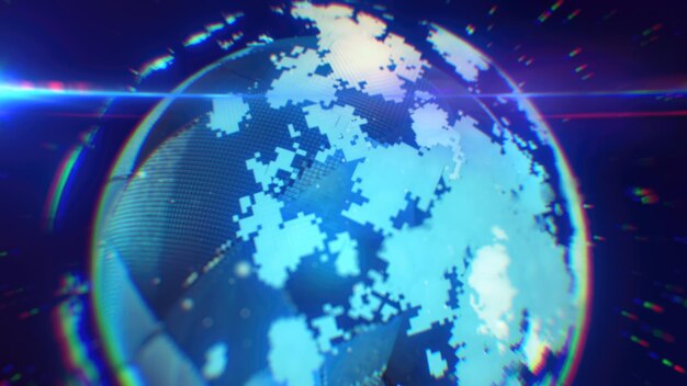 A vibrant digital depiction of Earth in purple and pink pixelated patterns blending