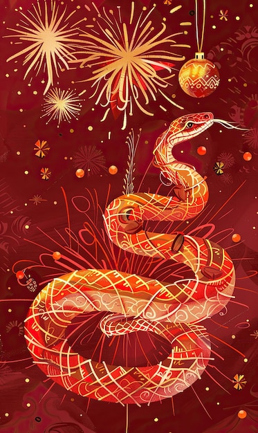 A vibrant illustration of a Chinesestyle dragon amidst a festive firework display and holiday decorations