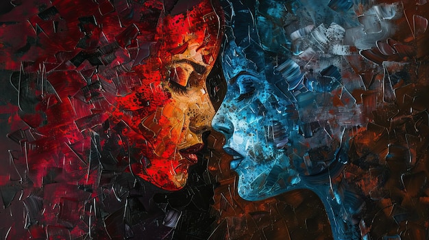 a vividly colored abstract painting depicting two faces in profile one in red and the other in blue