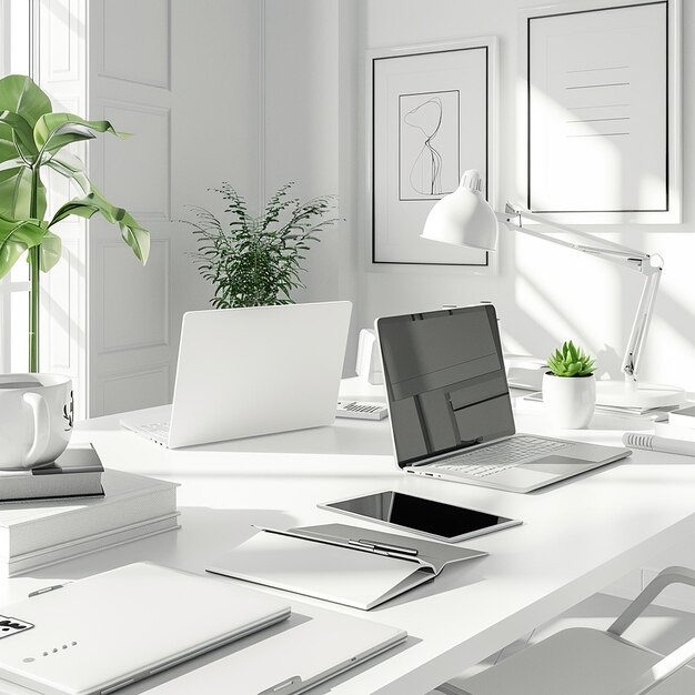 a white desk with a laptop and a plant on it