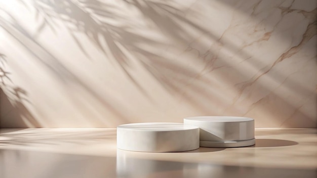 A white marble stand with understated sophistication placed in a studio with a muted pastel backdrop and soft abstract shadows for a highend cosmetic product display