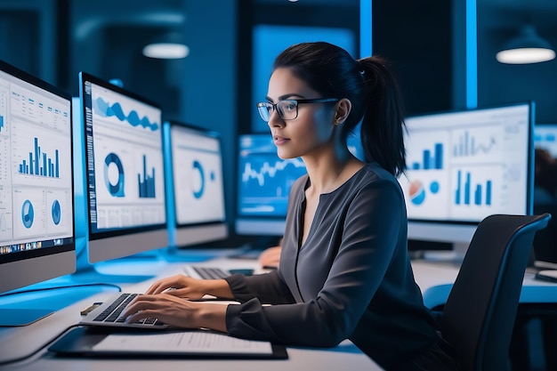 A woman data analysis with multiple computer on multiple screen data analysis modern office hightech background