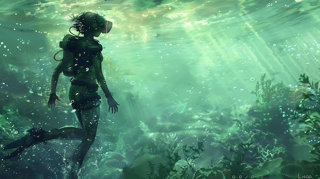 a woman in a green wetsuit stands in the water under a green and blue sky