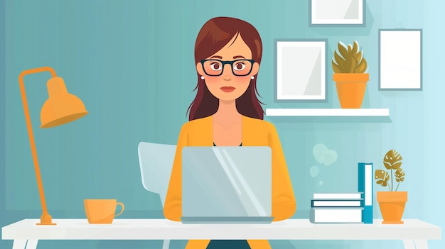 a woman in glasses sits at a desk with a laptop and coffee