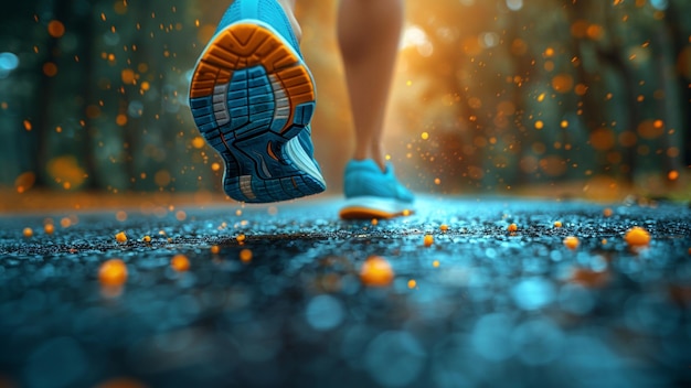 a woman running with a blue shoe on the ground