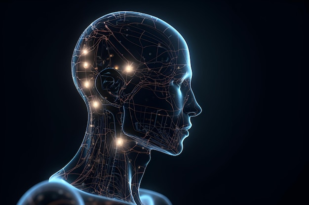 A woman's head is shown with a glowing brain and a glowing brain.