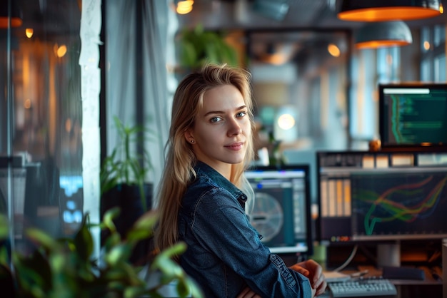 a woman sits in front of a computer with a plant in the background