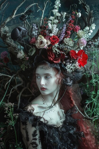 A woman wearing a flower crown and a black dress