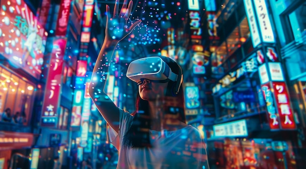 A Woman Wearing a Vr Headset Stands in Front of a Blurred Cityscape at Night