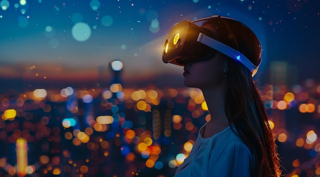 A Woman Wearing a Vr Headset Stands in Front of a Blurred Cityscape at Night