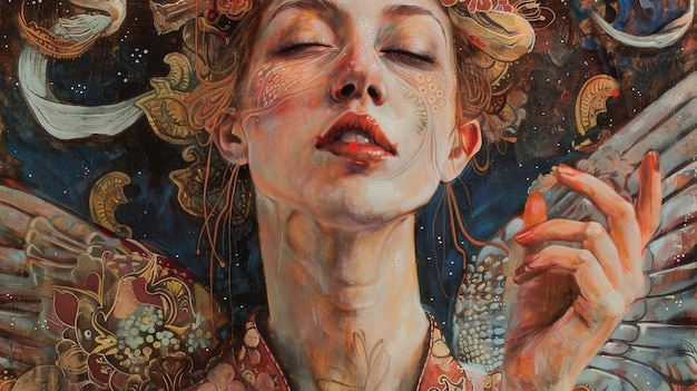 A woman with a bird on her head is holding a bird in her hand The painting is a mix of colors and has a dreamy ethereal quality