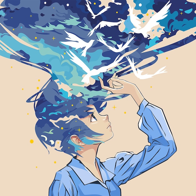 a woman with a bird on her head is surrounded by birds