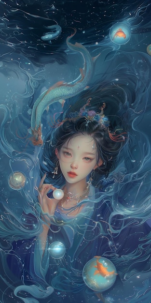 a woman with a blue dress under her head is surrounded by water bubbles