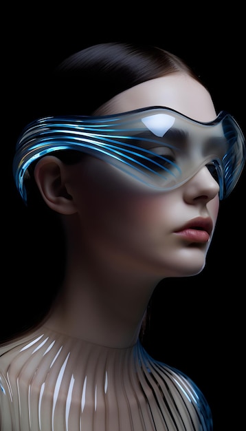 a woman with a blue eye mask and a blue glass on her face.