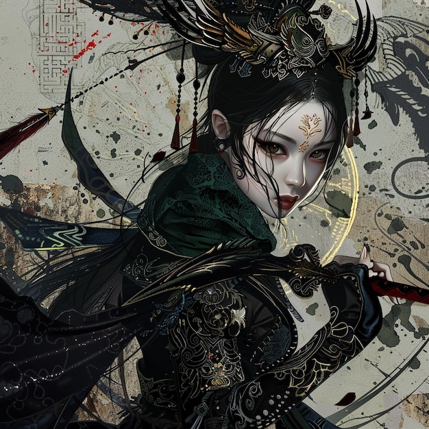 a woman with a sword and a dragon on her head