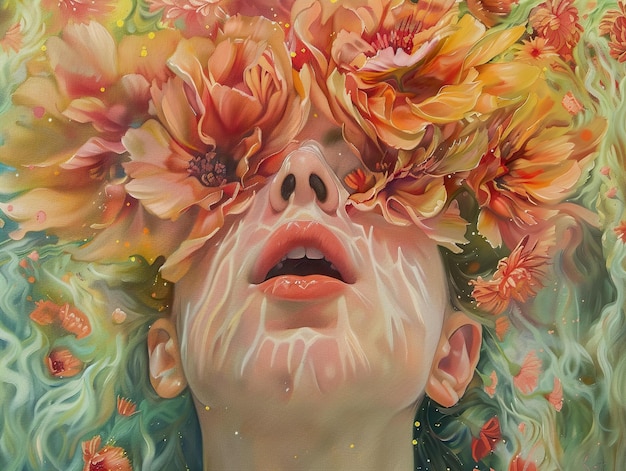 a woman with flowers on her face is covering her eyes with the eyes closed