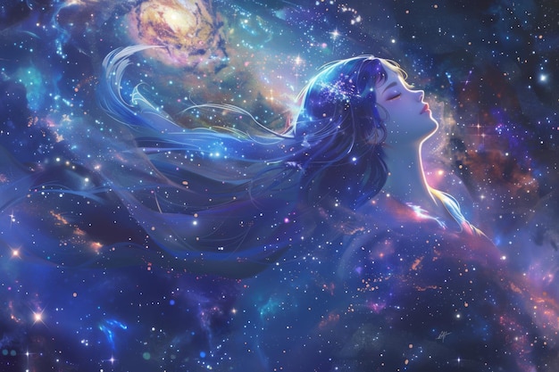 a woman with long hair and a blue and purple hair is looking up at the stars