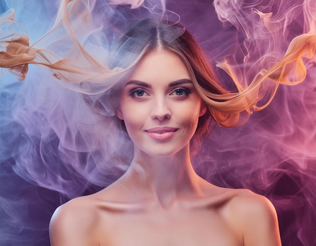 a woman with long hair and a colorful background