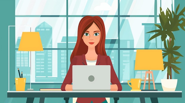 a woman working on her laptop in a room with a window and a city in the background