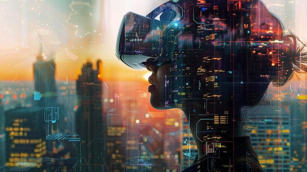 a womans face is looking at a digital image of a city