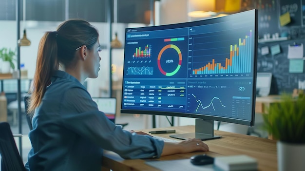 a worker sits at a desk with a computer screen displaying graphs and charts