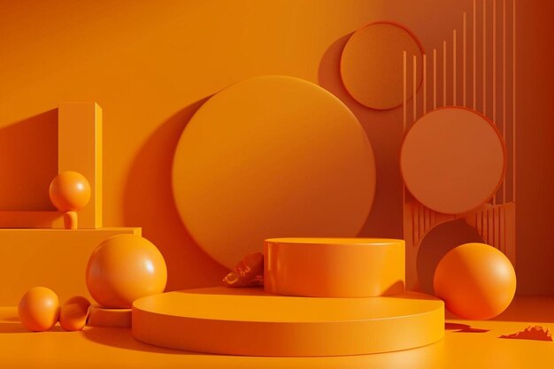 a yellow room with a round table and several balls
