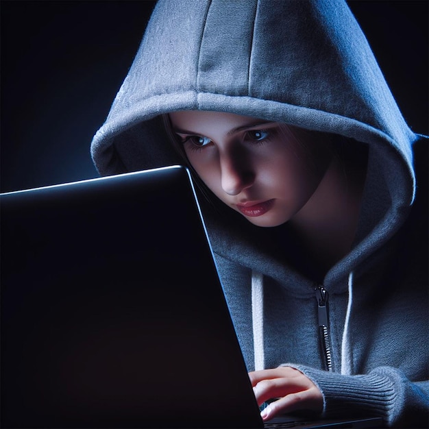 a young girl is wearing a hoodie and is looking at a laptop
