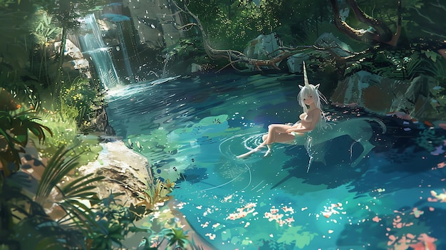 a young woman enjoys a tranquil moment by a waterfall and a pond