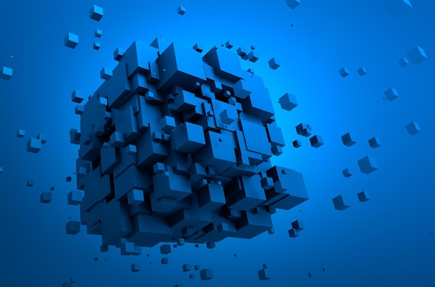 abstract 3d rendering of chaotic particles. sci fi cubes in empty space. futuristic background.