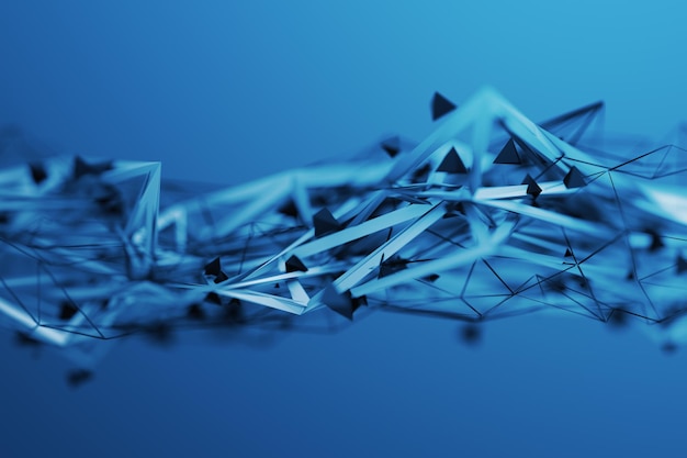 Abstract 3d rendering of chaotic plexus surface Contemporary background with futuristic polygonal shape Distorted low poly object with sharp lines