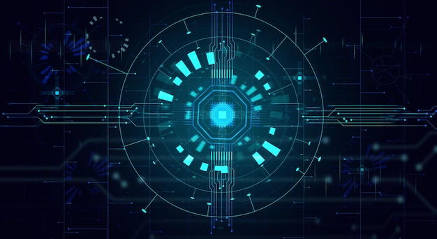 Abstract background with shapes connections and a chip on a blue background Artificial intelligence training concept