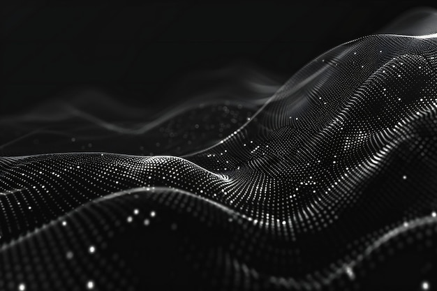 abstract black background with wavy digital mesh lines and dots gradient abstract dark futuristic