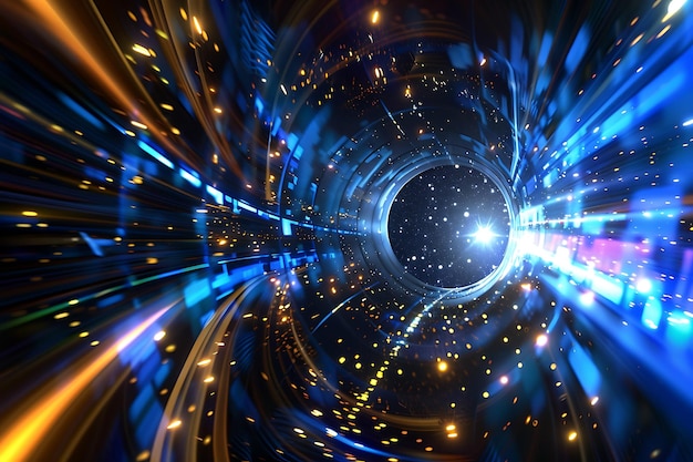 Abstract Blue and Gold Light Tunnel with Starry Sky View