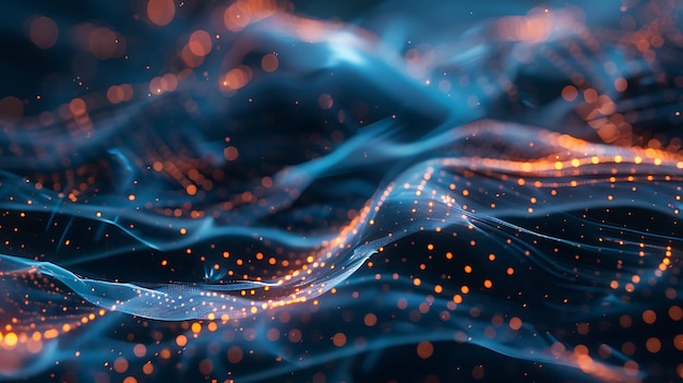 Abstract blue and orange digital wave with glowing particles
