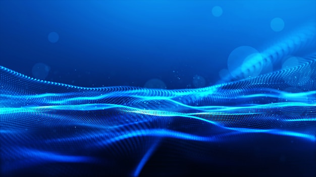 Abstract blue color digital particles wave with bokeh background