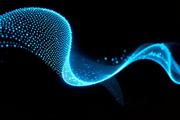 Abstract blue glowing particles wave on black background digital technology concept