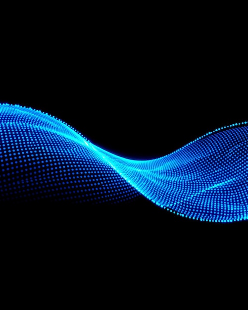Abstract blue glowing particles wave on black background digital technology concept