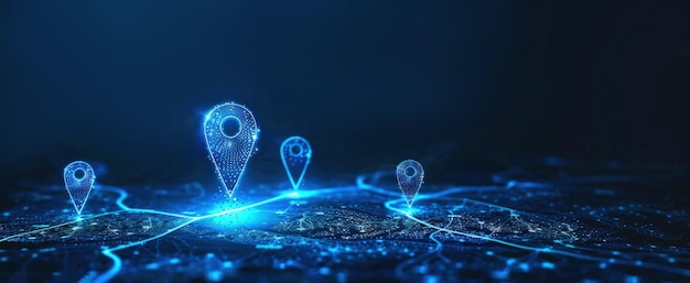 abstract blue location point or map pin on path digital marketing technology tech innovation
