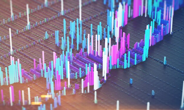 Abstract blue, purple and white colored lines on a black textured surface. 3d rendering, toned image