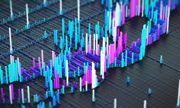 Abstract blue, purple and white colored lines on a black textured surface. 3d rendering