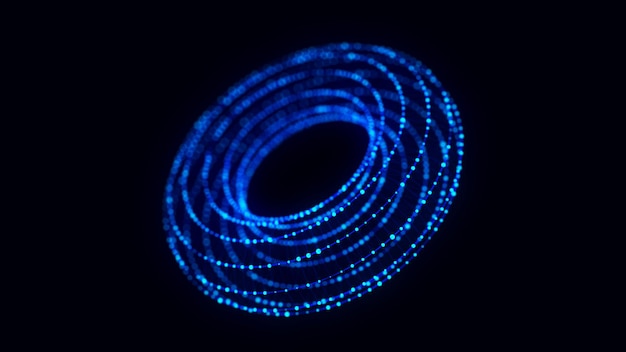 Abstract blue torus on black background Wireframe circle structure with glowing particles and lines Futuristic digital illustration 3D rendering