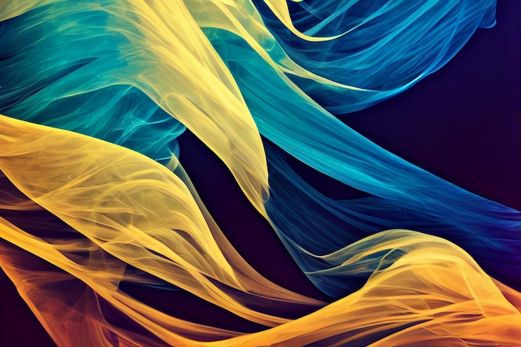 Foto abstract blue yellow and red smoke on dark background with fluid lines minimal colorfull wallpaper