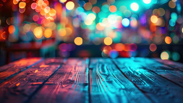 Abstract bokeh lights background with a wooden table in the foreground vibrant colors and a festive atmosphere