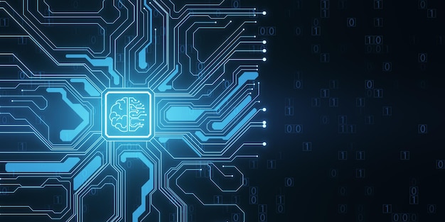 Abstract brain and binary code circuit on blue background Chip data ai and future concept 3D Rendering